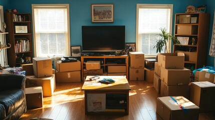 Naklejka premium A living room packed with cardboard boxes, with a coffee table and TV barely visible.