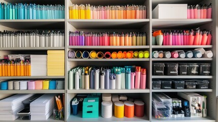 Organized Colorful Stationery and Art Supplies in a Well-Stocked Shelf