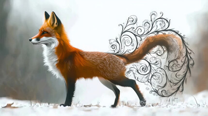 Obraz premium majestic fox stands gracefully, its vibrant orange fur blending with intricate swirling designs. artistic representation captures essence of nature and creativity