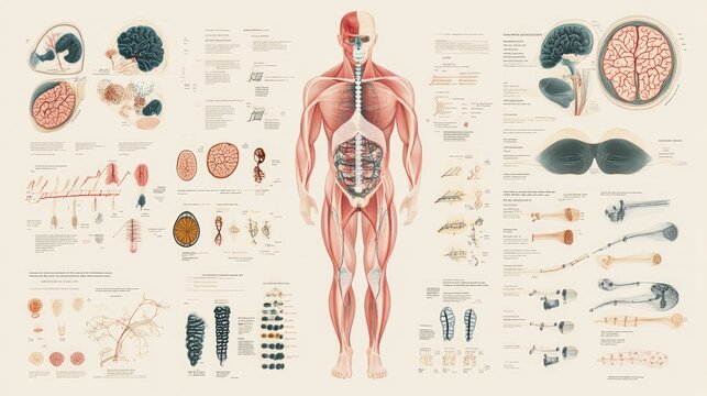 Detailed anatomical chart showing human body systems, organs, and structures.