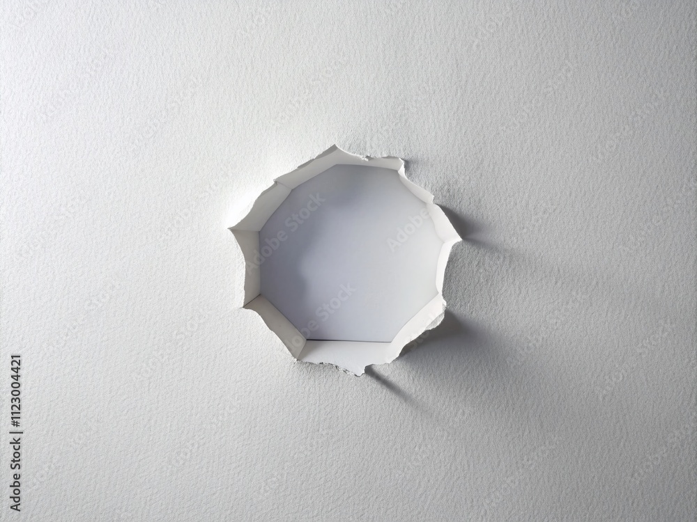 Poster minimalist photography of a hole breaking through a white wall, capturing the contrast between the s