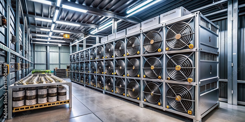 Poster minimalist photography of asic mining equipment in a steel container at a bitcoin mining farm, showc