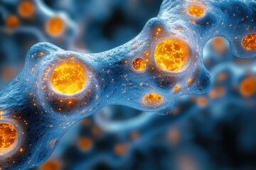 A close-up view of cellular structures with glowing elements, showcasing biological processes.