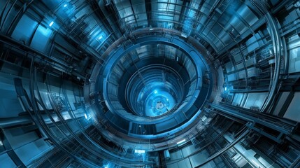Futuristic Spiral Tunnel with Blue Lighting and Metallic Structures