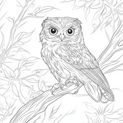 Fototapeta premium Detailed line drawing of a small owl perched on a branch amidst foliage.