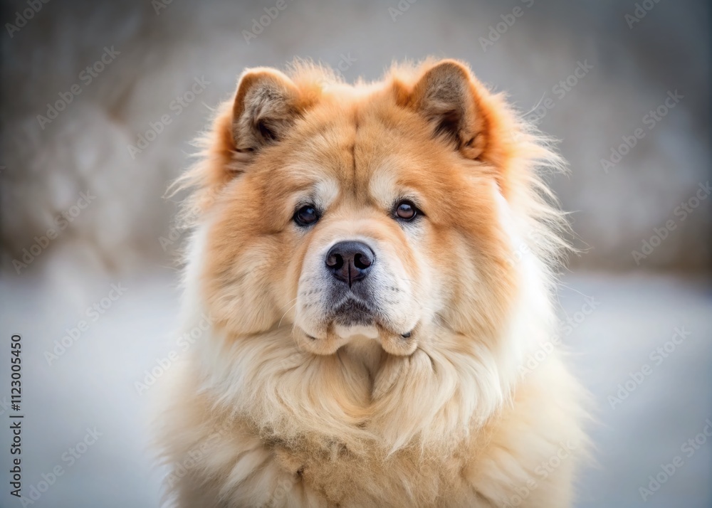 Poster minimalist portrait of a chow chow in a serene setting, capturing the unique features and fluffy tex