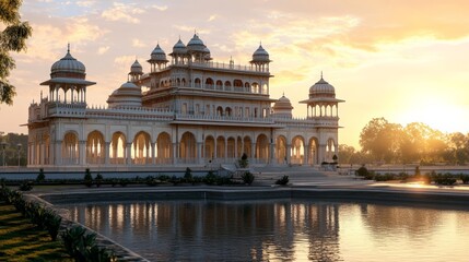Fototapeta premium Majestic Palace Reflection at Sunrise with Lush Surroundings and Golden Hues in the Sky