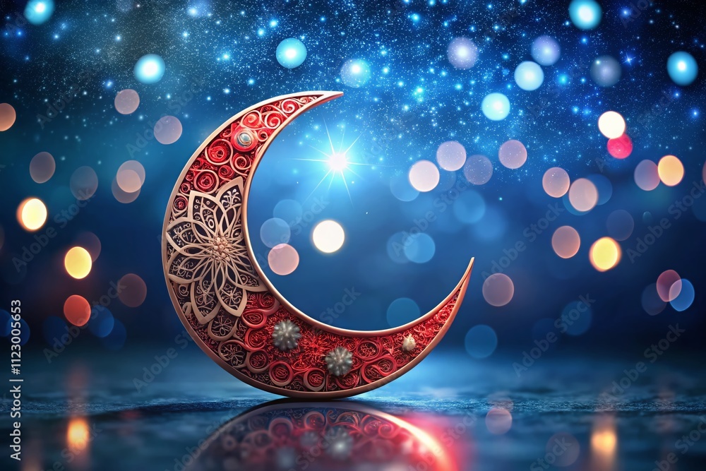Poster minimalist red and silver crescent moon with intricate patterns on dark blue background for eid ul a