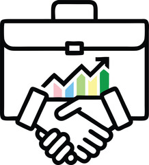 Outline vector icon of a handshake, briefcase, and growth chart, symbolizing business partnerships, success, and economic growth