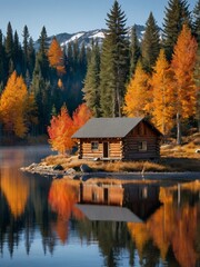 a lonesome mountain lodge in a snowy lake