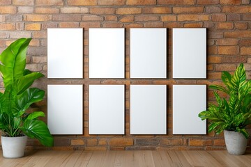 A minimalist display of empty frames against a rustic brick wall, flanked by lush green plants in modern pots, exuding a fresh and stylish ambiance. trending mockup design