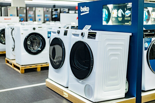 Washing machines by Beko in a household goods store