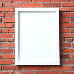 Fototapeta premium An empty white frame on a weathered red brick wall, perfect for showcasing art or advertisements.