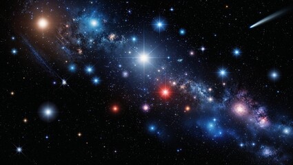 Naklejka premium A mesmerizing star field in the depths of space, millions of light years distant from Earth, featuring a vast expanse of twinkling stars of various sizes and colors. 