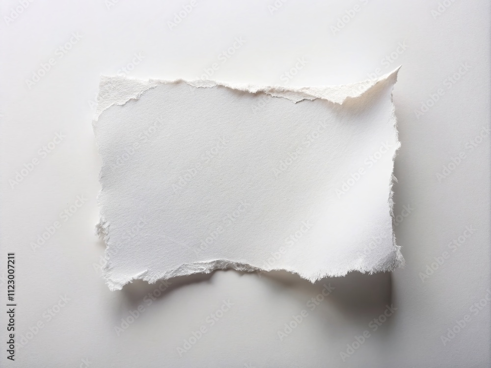 Poster Minimalist White Paper with Torn Edges on Softly Lit White Background for Generative AI - A Clean Composition Emphasizing Texture and Light, Ideal for Abstract and Modern Designs