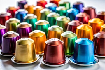 January 2021 Milan Coffee Experience: A Set of Colorful Coffee Capsules Isolated on White Background in Low Light, Showcasing the Art of Brewed Delight and Elegance