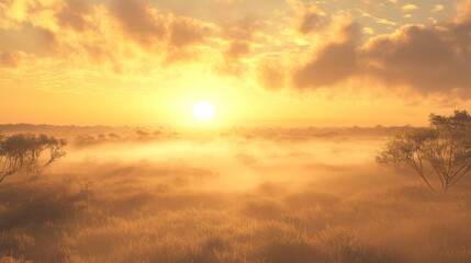 Fototapeta premium Golden sunrise over misty savanna.