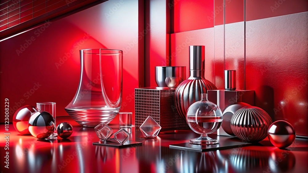 Poster modern abstract composition featuring glass and metal objects in rich red shades with ample copy spa