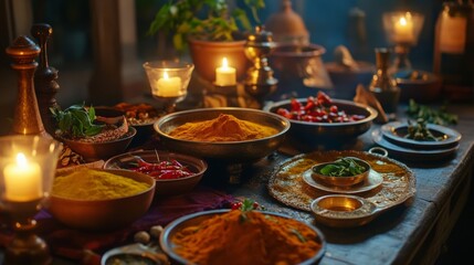 Fototapeta premium Colorful Spice Table with Vibrant Ingredients and Candles for Cooking Inspiration
