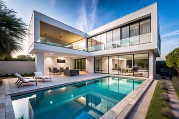 Fototapeta premium Modern Futuristic White House with Glass Windows and Pool, Minimalist Design, Ideal for Luxury Living, Outdoor Oasis, and Contemporary Architecture Aesthetics