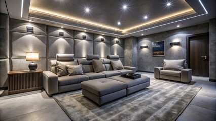 Fototapeta premium Modern Minimalist Home Theater Basement with Soft Gray Walls and Hidden Lighting Showcasing a Cozy and Sophisticated Entertainment Space for Relaxation and Movie Nights