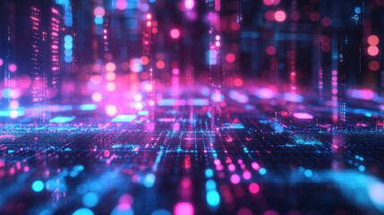 Obraz premium Abstract Digital Landscape: Neon Cityscape of Binary Code
