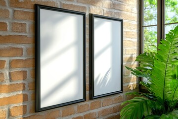 Two empty black-framed picture frames on a textured brick wall, alongside lush green plants, creating a serene and modern atmosphere. trending mockup design