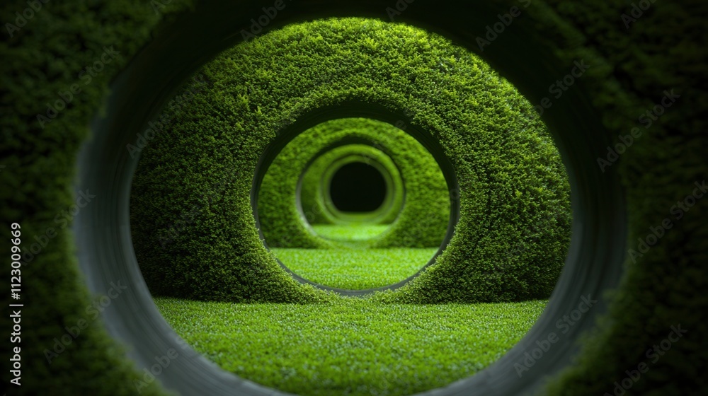 Poster a serene pathway through circular hedges, creating a mesmerizing tunnel effect in vibrant green foli