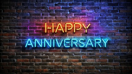 Fototapeta premium Neon Sign Happy Work Anniversary Against a Rustic Brick Wall - Minimalist Photography for Celebrating Milestones in the Workplace
