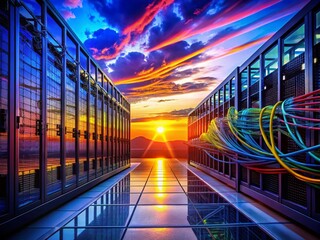 Modern Data Center Silhouette with Server Racks and Networking Cables Against a Colorful Sunset Sky, Emphasizing Technology and Connectivity in a Digital World