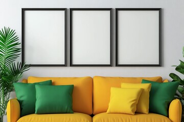 A bright living room with a yellow sofa adorned with green and yellow cushions, featuring three empty frames on a white wall, creating a cheerful atmosphere. trending mockup design
