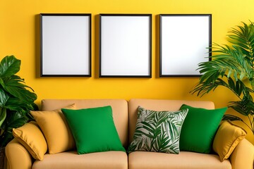 A cozy living room featuring a yellow wall, a beige sofa adorned with green and patterned cushions, and three empty frames ready for artwork. trending mockup design