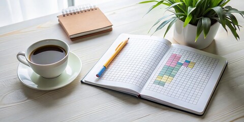 Modern Habit Tracker with Minimalist Design and Colorful Charts for Productivity Enhancement in a Bright Workspace with a Notebook and Coffee Cup