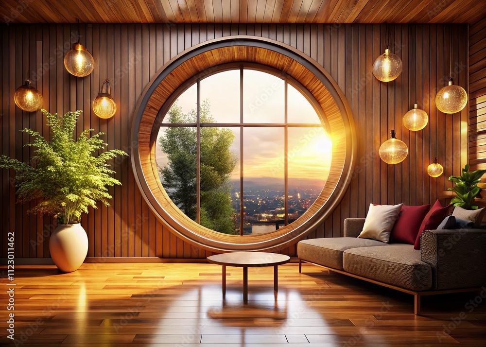 Poster modern interior design featuring wooden walls and a unique round window with a bokeh effect, perfect