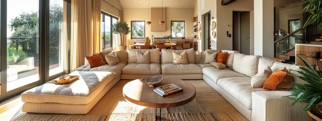 Fototapeta premium Spacious modern living room featuring comfortable sectional sofa and natural light in a contemporary home setting