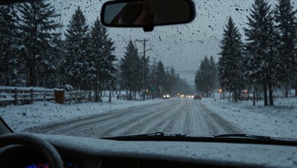 slippery snowy road conditions during winter  made by AI generative