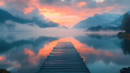 Fototapeta premium A tranquil scene of a dock extending into a calm lake, with mountains and soft pink skies in the distance