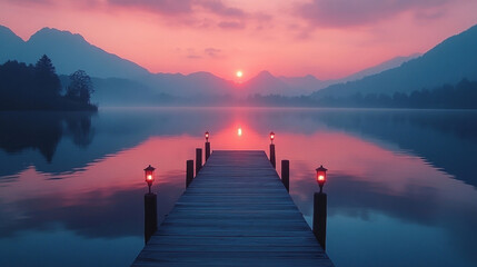 Obraz premium A tranquil scene of a dock extending into a calm lake, with mountains and soft pink skies in the distance