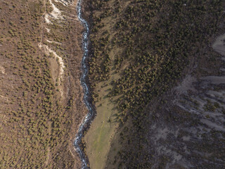 A mountain river, a stream meanders among the slopes of the mountain. Summer landscape, meadow and...