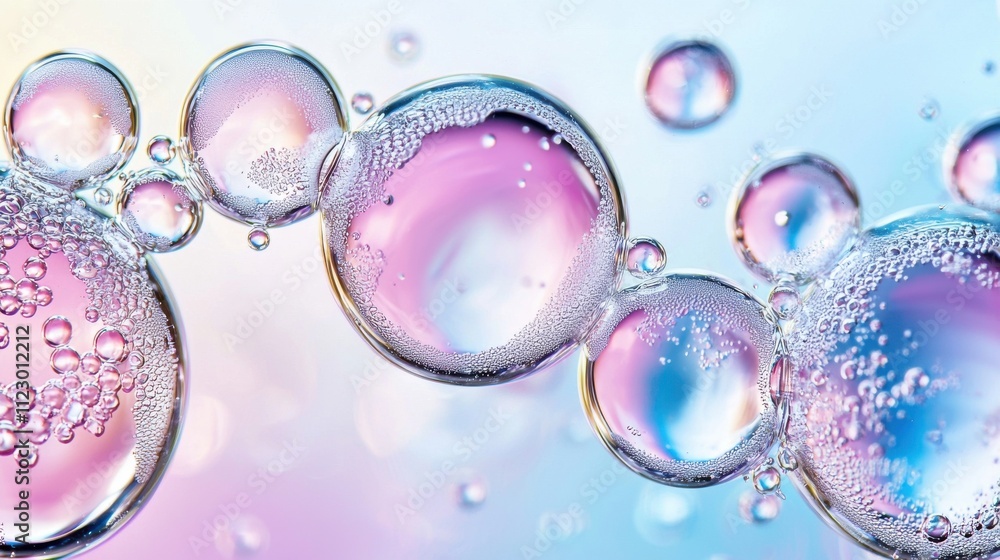 Poster abstract pastel colored bubbles, macro close-up view of many small and large bubbles.