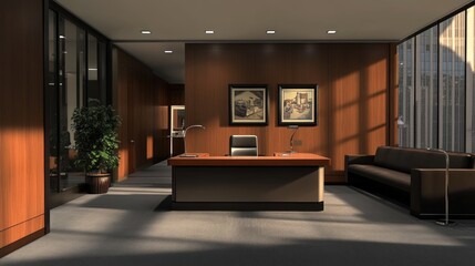 Sunlit modern office interior with large desk, sofa, and wood paneling.