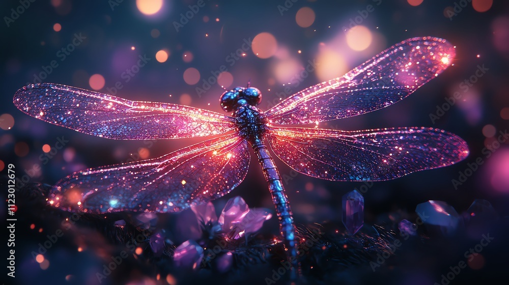Poster a sparkling dragonfly rests on crystals, illuminated by enchanting bokeh lights.