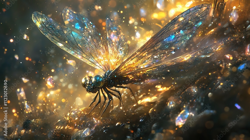 Poster a shimmering insect surrounded by sparkling crystals, evoking a magical atmosphere.