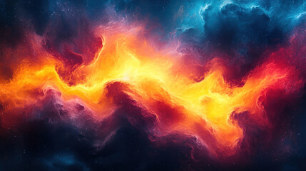 Fototapeta premium Abstract art with vibrant swirling colors of red, yellow, and blue, resembling a cosmic explosion