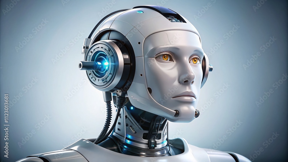 Aufkleber modern robot head representing ai technology in a customer care center, isolated on white background