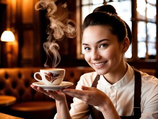 cheerful barista presents a beautifully steaming cup of coffee in a warmly lit cafe setting, embodying hospitality and inviting warmth