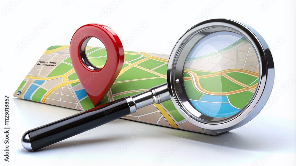Poster modern search location symbols with map pin and magnifying glass on white background for enhanced na