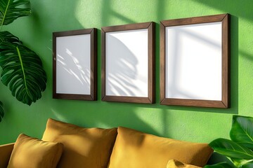 A cozy living space featuring three empty frames on a vibrant green wall, accompanied by a plush mustard-colored sofa and lush green plants. trending mockup design