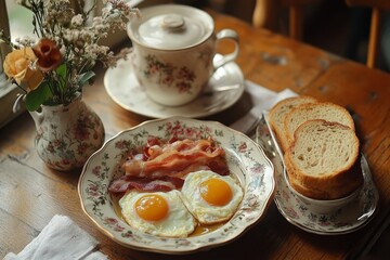 Sunny side up fried eggs and crispy bacon with toasted bread and tea create a cozy and delicious breakfast