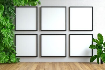 An empty gallery wall adorned with six black-framed picture frames surrounded by lush greenery in a bright, modern setting. trending mockup design